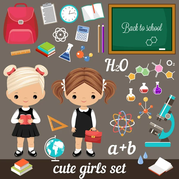 Милые школьницы и набор школьных принадлежностей — стоковый вектор