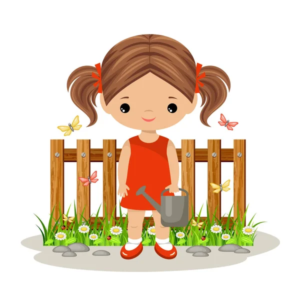 Linda chica con una regadera. Jardinería — Vector de stock