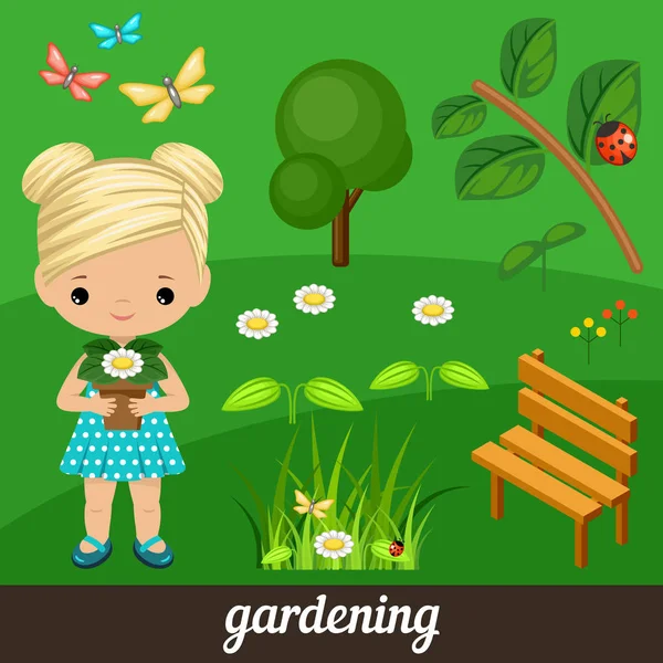 Cute girl holding flower in garden — Stock Vector