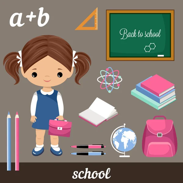 Mignon vecteur écolière et set fournitures scolaires — Image vectorielle