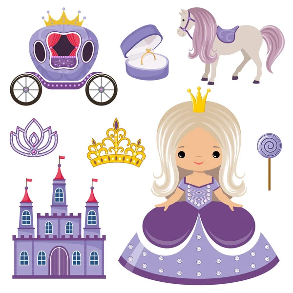 Pequena princesa, castelo e carruagem — Vetor de Stock