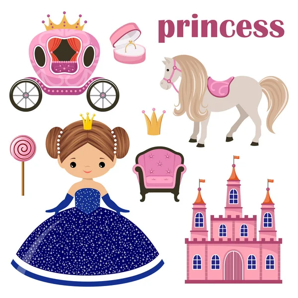 Маленькая принцесса, замок и карета — стоковый вектор