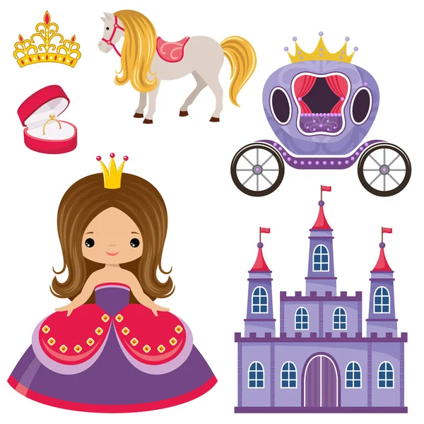 Princesita, castillo y carruaje — Vector de stock