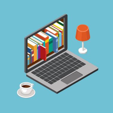 Online Kütüphane kavramı, kitap rafları ile dizüstü bilgisayar