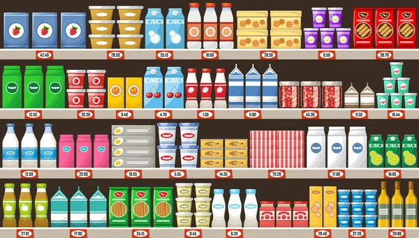 Supermercado, prateleiras com produtos e bebidas —  Vetores de Stock