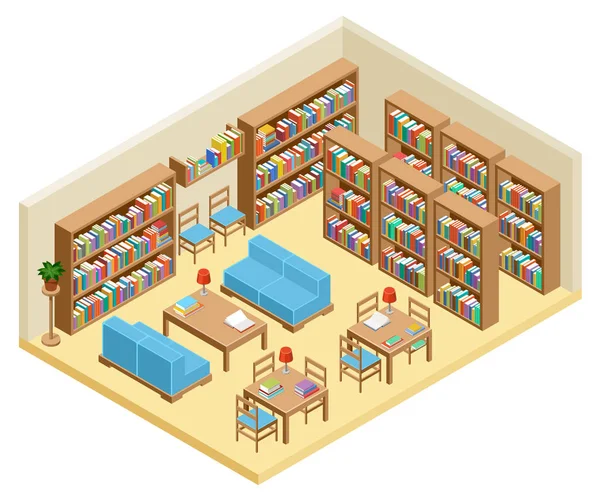 Sala izometrică de bibliotecă, rafturi de carte — Vector de stoc