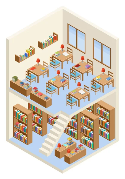 Isometrische bibliotheek en leeszaal — Stockvector