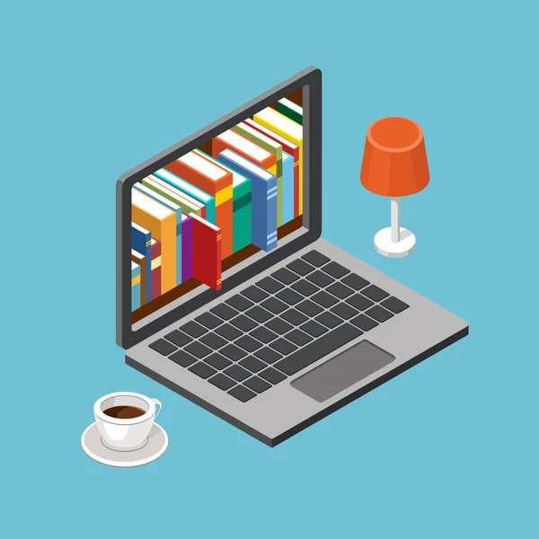 オンライン ライブラリの概念、書籍の棚にノート パソコン — ストックベクタ