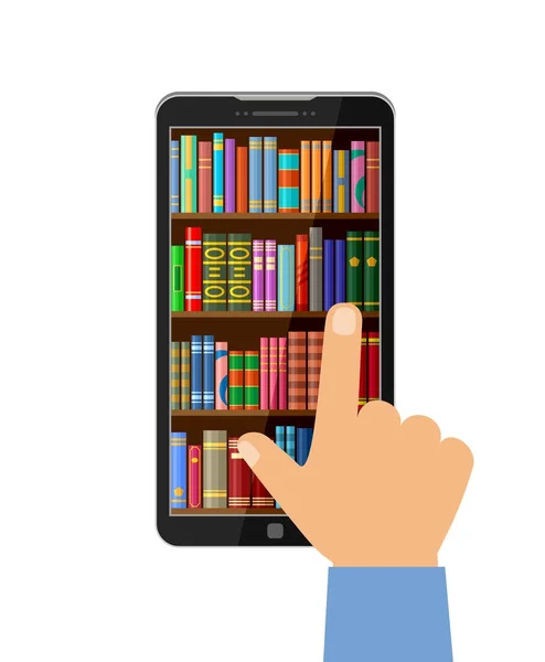 Hand auf dem Smartphone-Bildschirm mit digitalen Büchern — Stockvektor