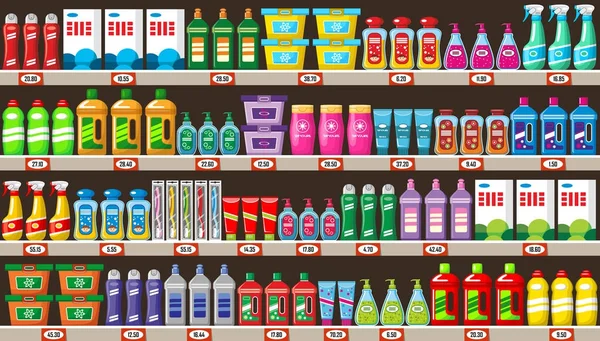Prateleiras com produtos químicos domésticos na loja — Vetor de Stock
