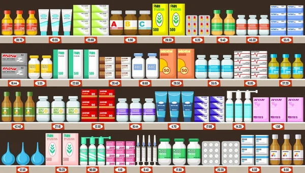 Estantes de farmacia con medicamentos — Vector de stock