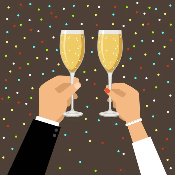 Hands holding champagne and wine glasses,  celebrating — Stock Vector