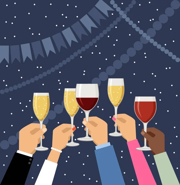 Hands holding champagne and wine glasses, celebrating — Stock Vector