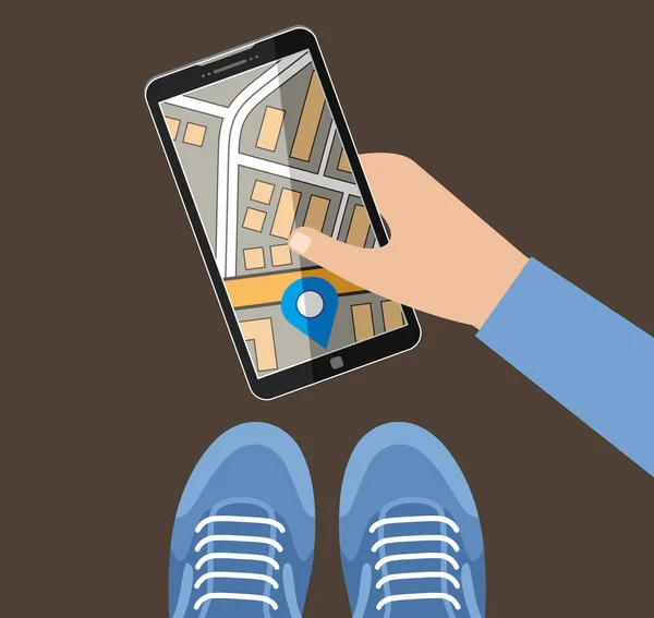 Hand houdt de smartphone met de kaart. Navigatie — Stockvector