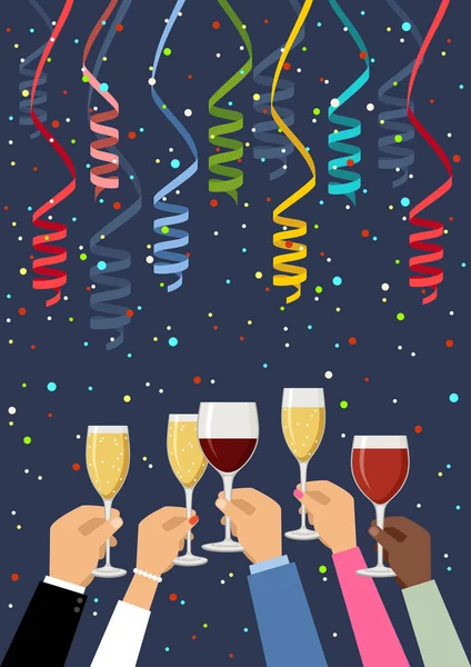 Hands holding champagne and wine glasses, celebrating — Stock Vector