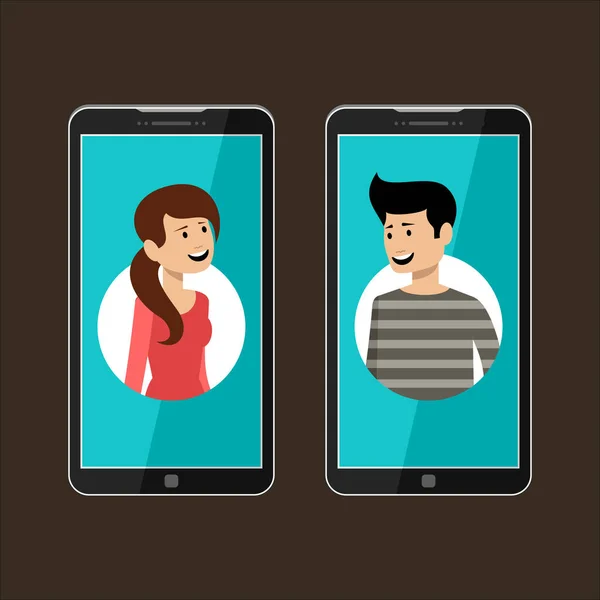 Dos teléfonos con perfiles del hombre y la mujer. Ilustración vectorial — Archivo Imágenes Vectoriales