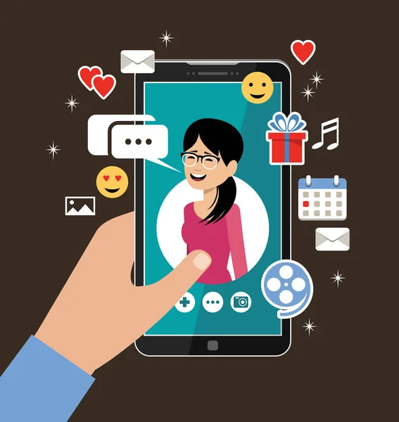 Mão segurando o telefone com o perfil da mulher. Conectados namoro e conceito de rede social. Amor virtual —  Vetores de Stock