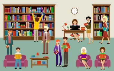 İnsanlar ve kitap kütüphane iç raflar. Eğitim