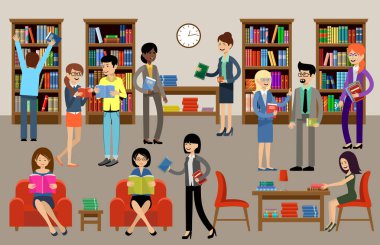 İnsanlar ve kitap kütüphane iç raflar. Eğitim