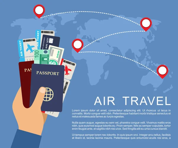 Χέρι εκμετάλλευση αεροπορικών εισιτηρίων και διαβατηρίων. Αεροπορικών ταξιδιών έννοια. — Διανυσματικό Αρχείο