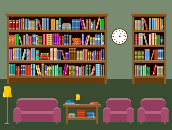 Sala de biblioteca. Interior. Libros — Vector de stock