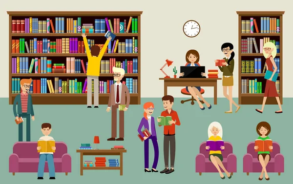 Intérieur de la bibliothèque avec personnes et étagères à livres. Éducation — Image vectorielle