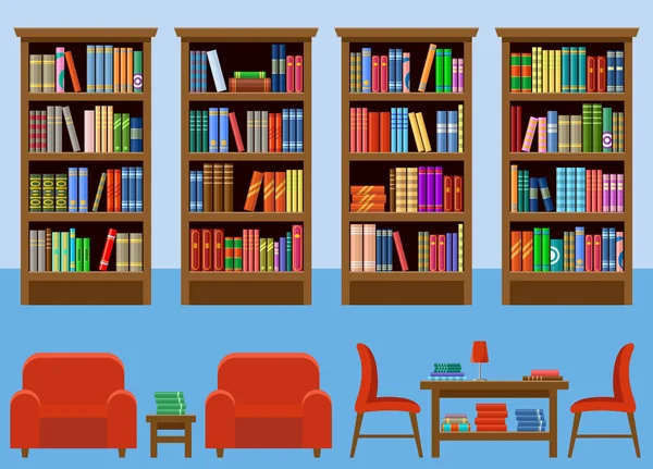 Bibliotek rum. Interiör. Böcker — Stock vektor