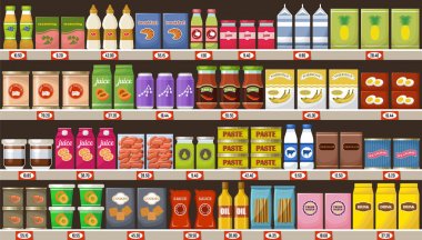 Süper Market, ürünleri ve içecekler ile raflar