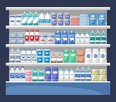 Süt ve süt ürünleri ile counter. Süpermarket