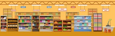 Süpermarket ürünleri ile iç. Büyük mağaza