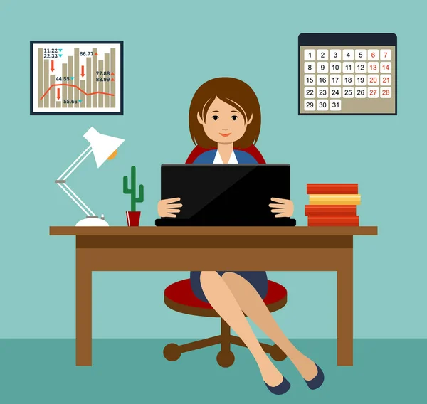 Femme d'affaires travaillant sur un bureau. Bureau — Image vectorielle