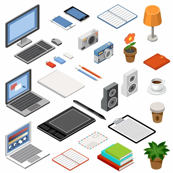 Set of isometric icons. Equipment and office accessories — Stock Vector