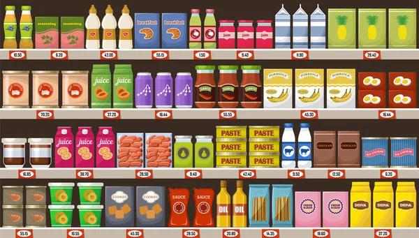 Supermercado, prateleiras com produtos e bebidas — Vetor de Stock