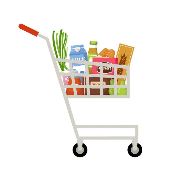 Carrello con prodotti. Supermercato — Vettoriale Stock