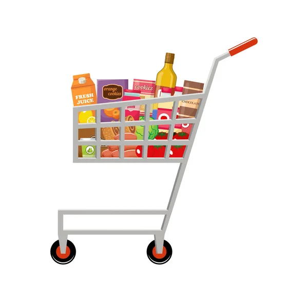 Shopping cart with products — Stock Vector