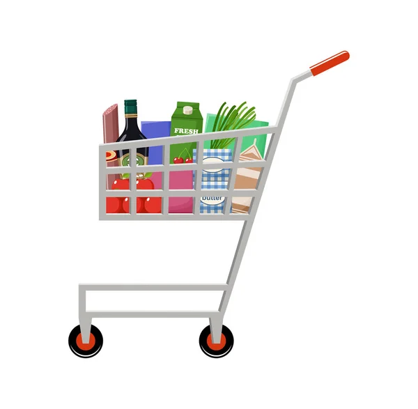 Shopping cart with products — Stock Vector