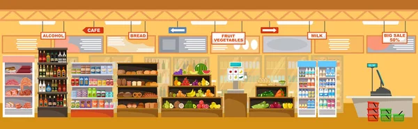 Interior del supermercado con productos. Gran tienda — Vector de stock