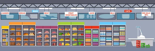 Interior del supermercado con productos. Gran tienda. Ilustración vectorial — Archivo Imágenes Vectoriales