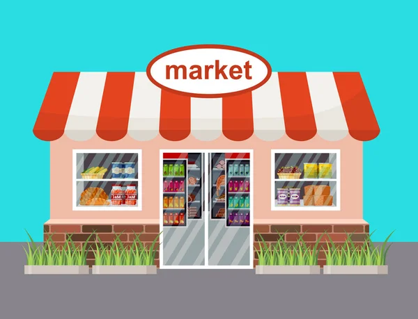 Edificio del mercado. Una tienda de comestibles. Ilustración vectorial — Vector de stock