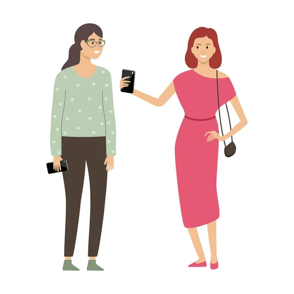 Women holding smartphones. Taking selfie — 스톡 벡터