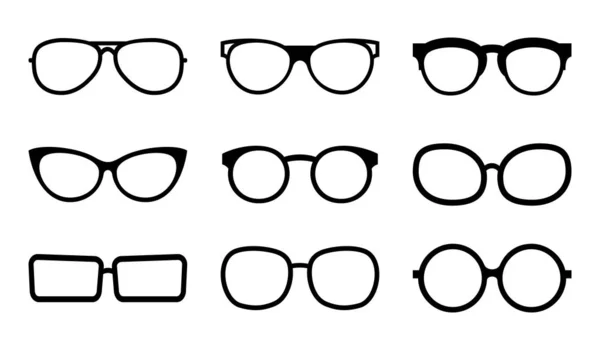 Conjunto de óculos pretos. Molduras lineares em um fundo branco. Isolado. Ilustração vetorial —  Vetores de Stock