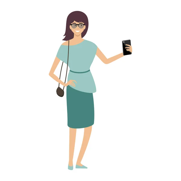 Woman holding smartphone. Taking selfie. — Stock Vector
