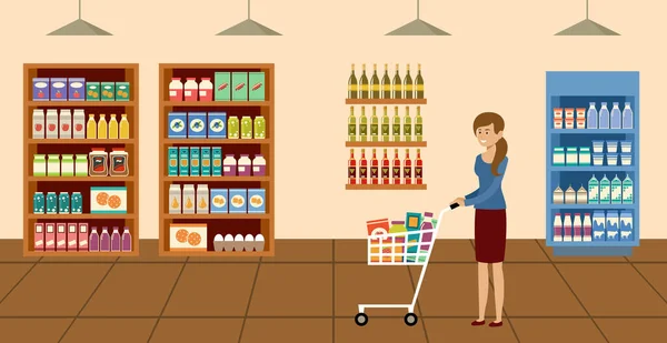W supermarkecie. Kobieta z wózkiem na zakupy wybierając i kupując produkty w sklepie spożywczym — Wektor stockowy