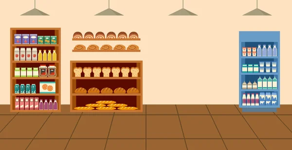Supermercato. Negozio di alimentari. Cartone animato interno con vetrina di prodotti alimentari, latticini, bevande, pane — Vettoriale Stock