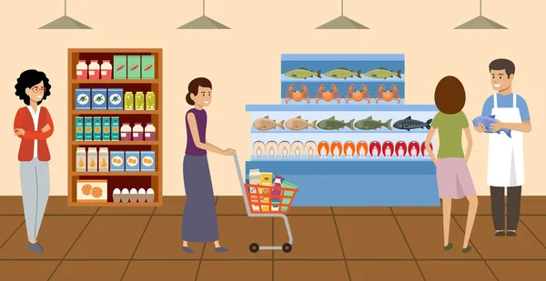 Supermercado. Pessoas escolhendo e comprando produtos na mercearia. Contador de peixes — Vetor de Stock