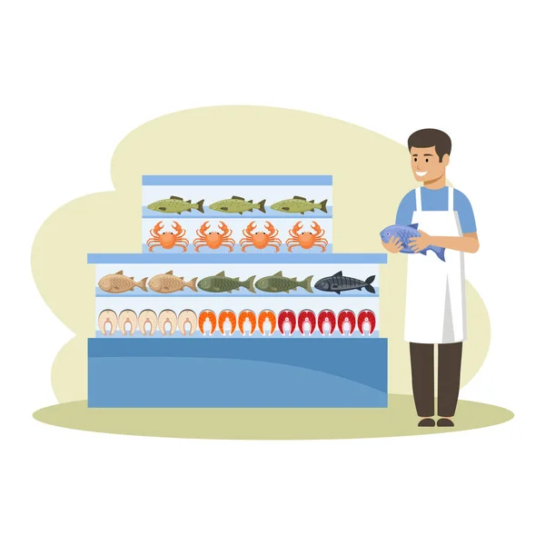 Supermarket. Seafood freezer. Fish shop. Seller — Stock vektor