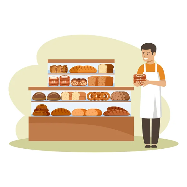 Shop of bread products. Counter. The seller holds bagels — Stock Vector