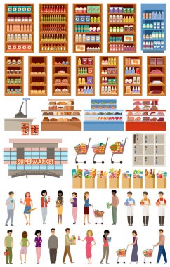 Süpermarket. Büyük mağaza seti. Sebze, meyve, balık, et, süt ürünleri, insanlar. Vektör düz resimleme.