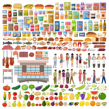 Süpermarket. Büyük mağaza seti. Sebze, meyve, balık, et, süt ürünleri, insanlar. Vektör düz resimleme.