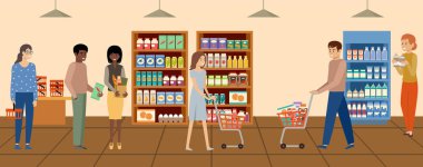 Süpermarket. İnsanlar marketten ürünleri seçip satın alıyorlar. Vektör düz resimleme.